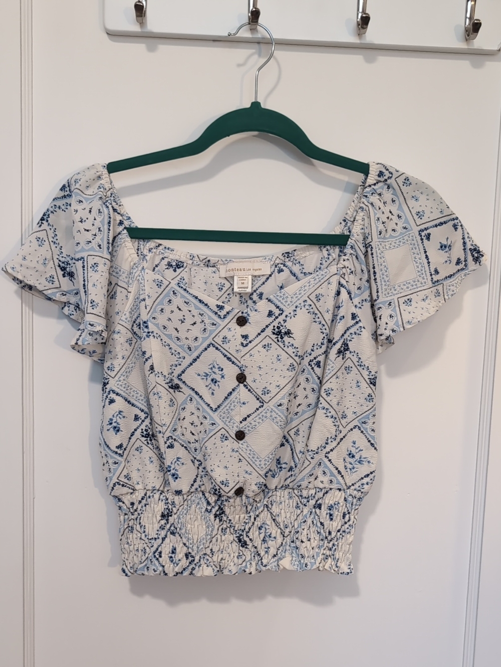 🍇 LAST CALL! Monteau White and Blue Printed Off-Shoulder Smocked Top